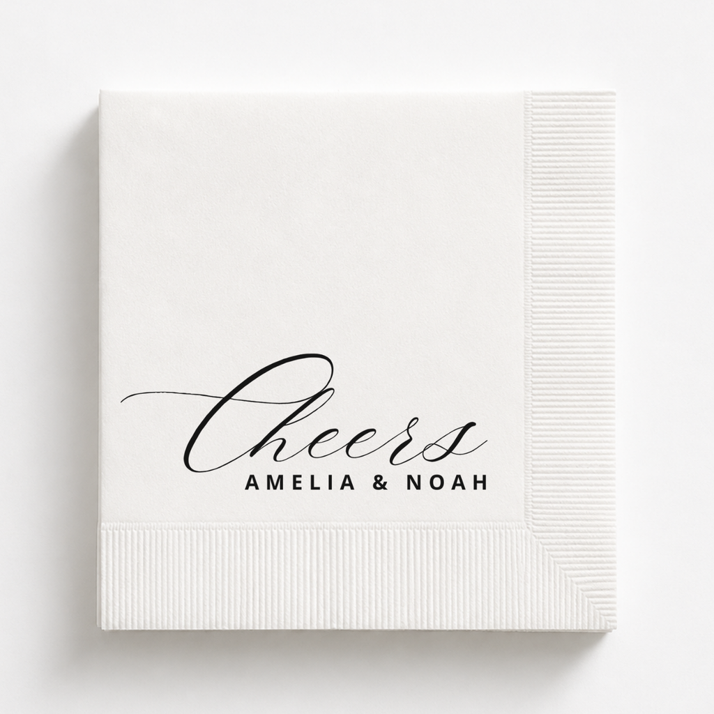 Cheers Flourish wedding napkin with the couple's names