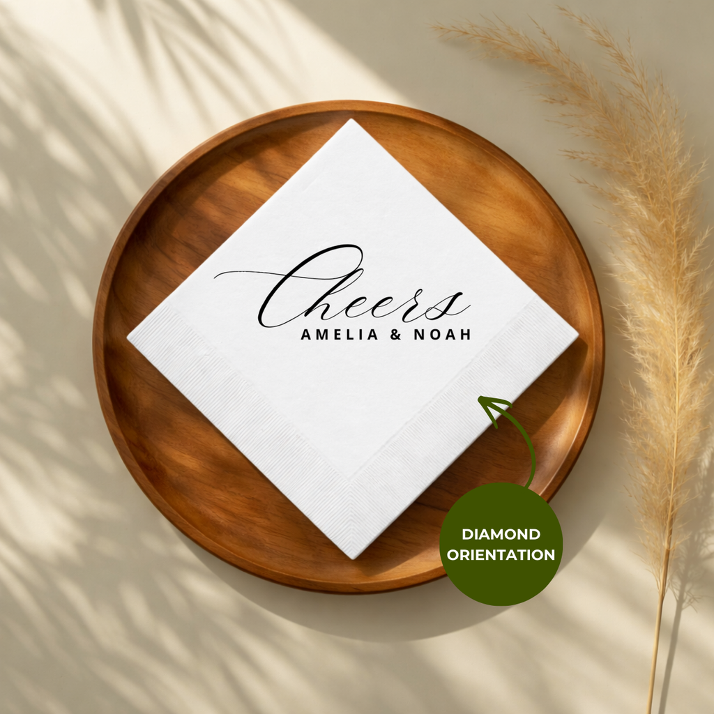 Cheers Flourish napkin design for a wedding bar