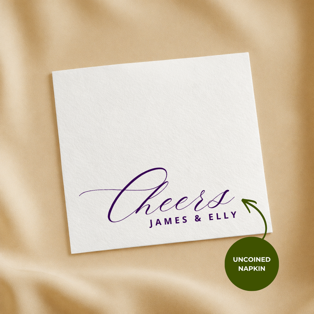 Cheers flourish wedding napkin with names underneath