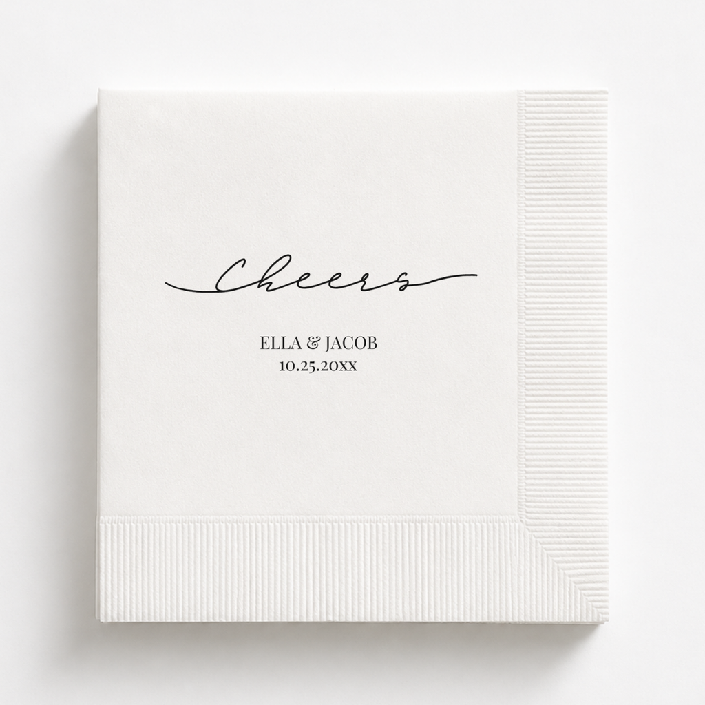 Cheers Modern Script wedding napkin with names and date