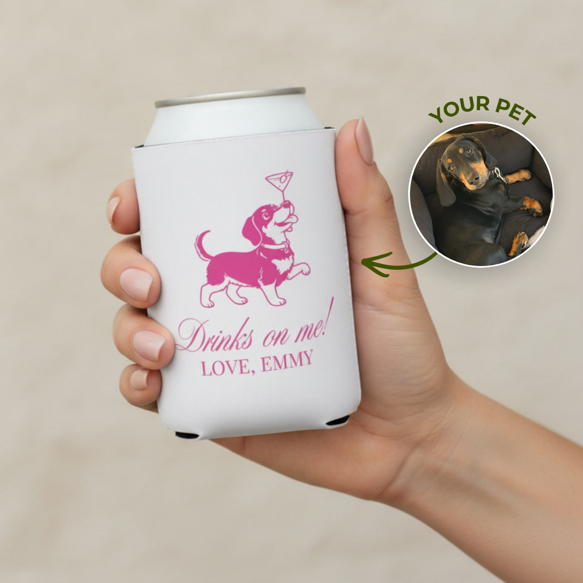 Personalized pet can cooler with names and a wedding date