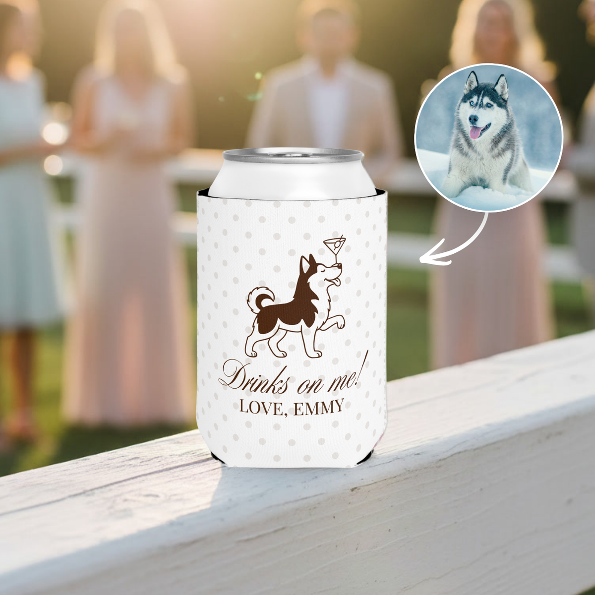 Wedding can cooler with a custom pet portrait and cheers toast