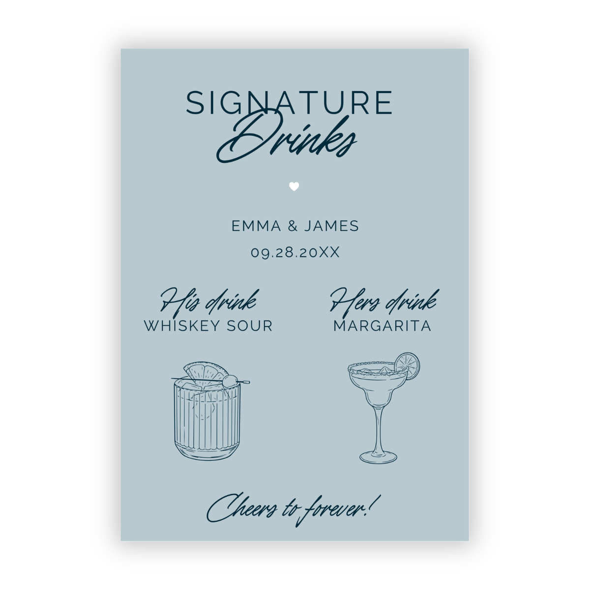Cheers to Forever his and hers signature drinks wedding bar sign with line-art cocktails, names and date, on paper or foam board
