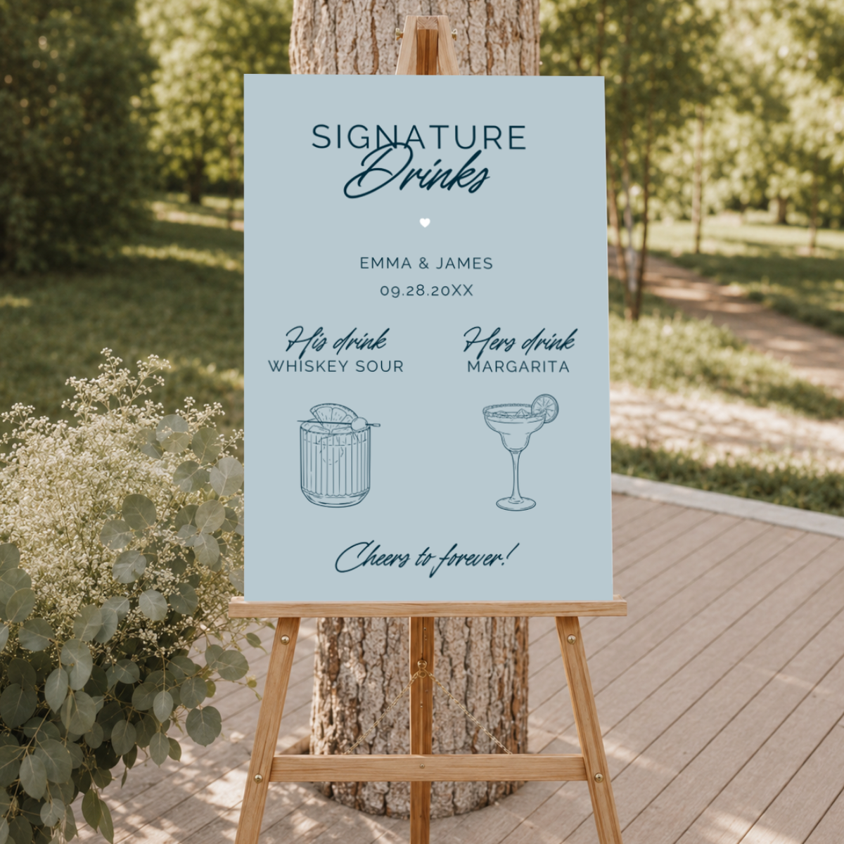 Personalized Cheers to Forever wedding bar sign on paper or foam board with his and hers signature drinks