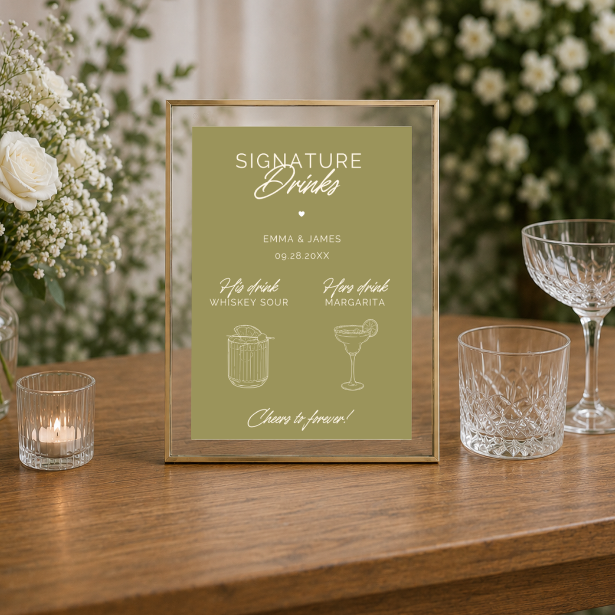 Custom Cheers to Forever signature drink bar sign on paper or foam board, with names and wedding date