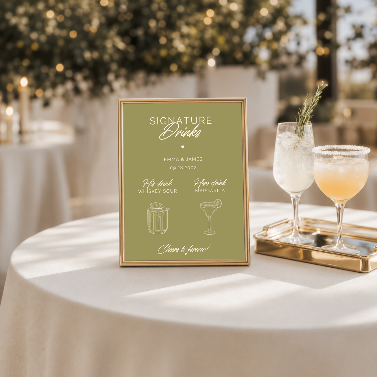 Cheers to Forever his and hers wedding bar sign on paper or foam board, styled at a reception bar