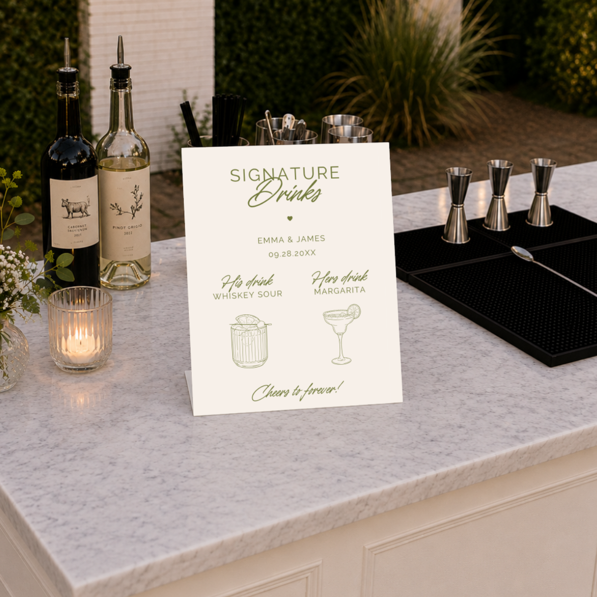 Custom Cheers to Forever signature drink bar sign on a pedestal, with names and wedding date