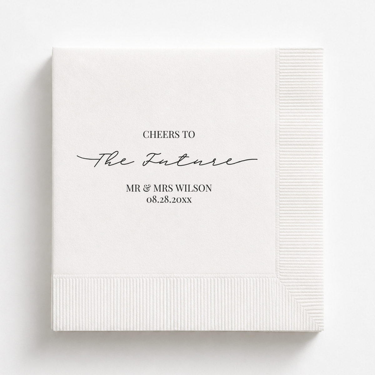 Cheers To The Future personalized engagement napkin with names and date