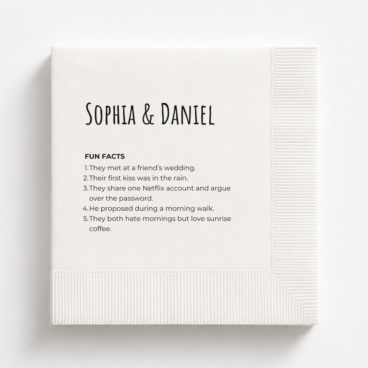 Classic Fun Facts wedding napkin with names and facts in serif type