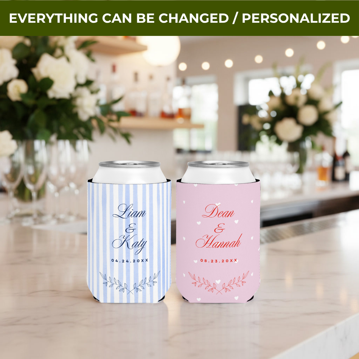 Custom wedding favor can coolers with the couple's names for the reception bar