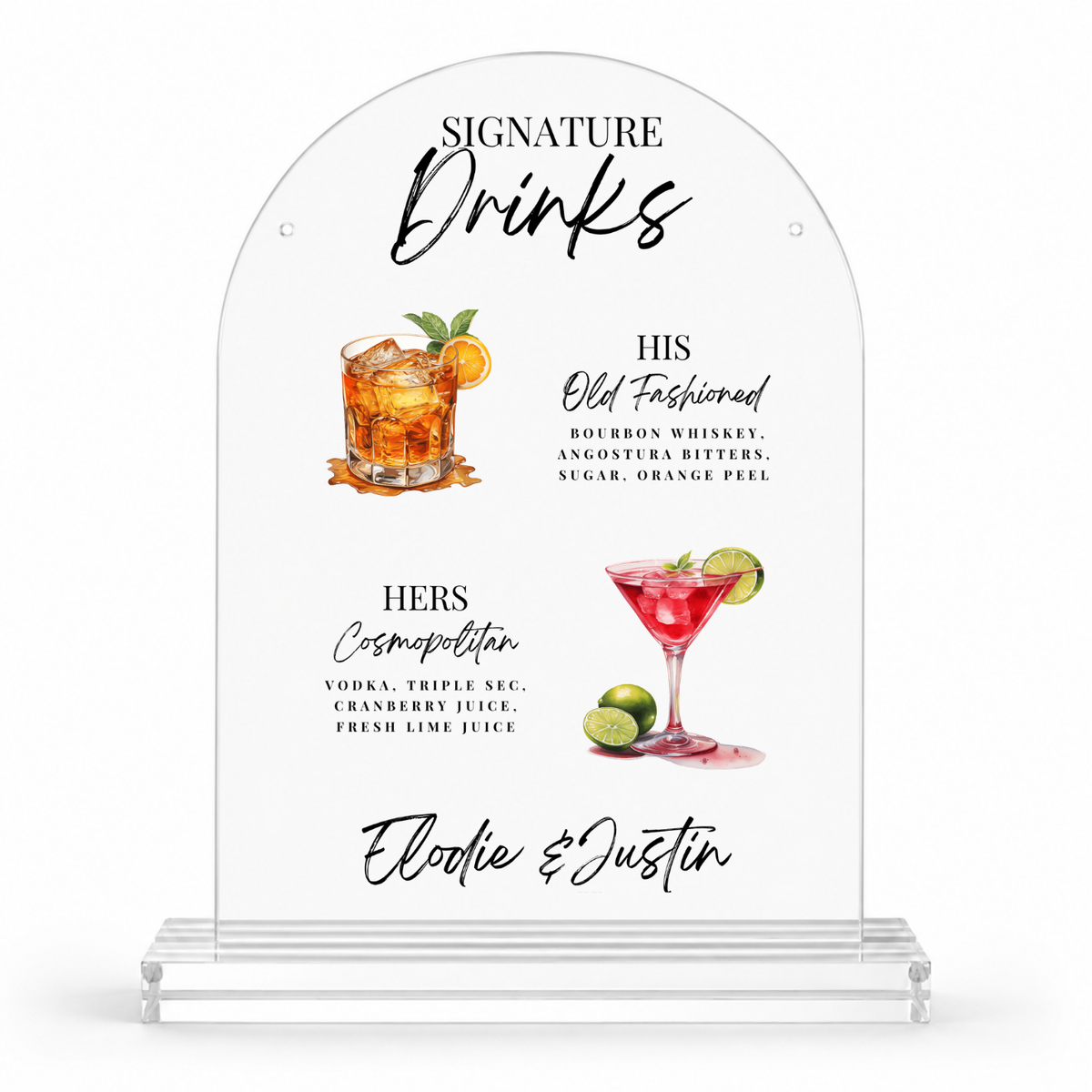 Cream his and hers signature drinks wedding bar sign with watercolor cocktails and ingredients, in an acrylic dome