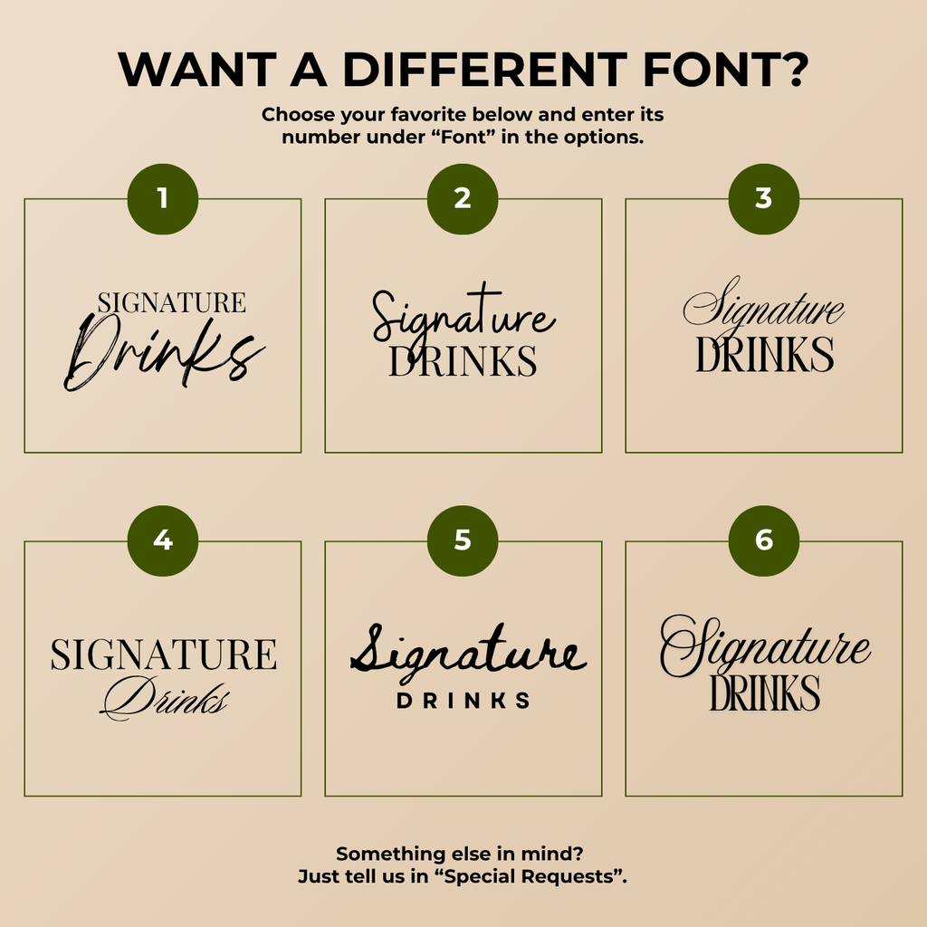 Font chart for the custom cream watercolor his and hers signature drinks wedding bar sign, six numbered font options to choose from