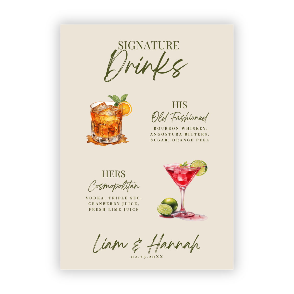 Cream his and hers signature drinks wedding bar sign with watercolor cocktails and ingredients, on paper or foam board