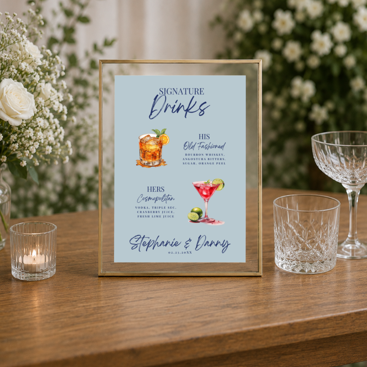 Personalized Cream Watercolor wedding bar sign on paper or foam board with his and hers signature drinks