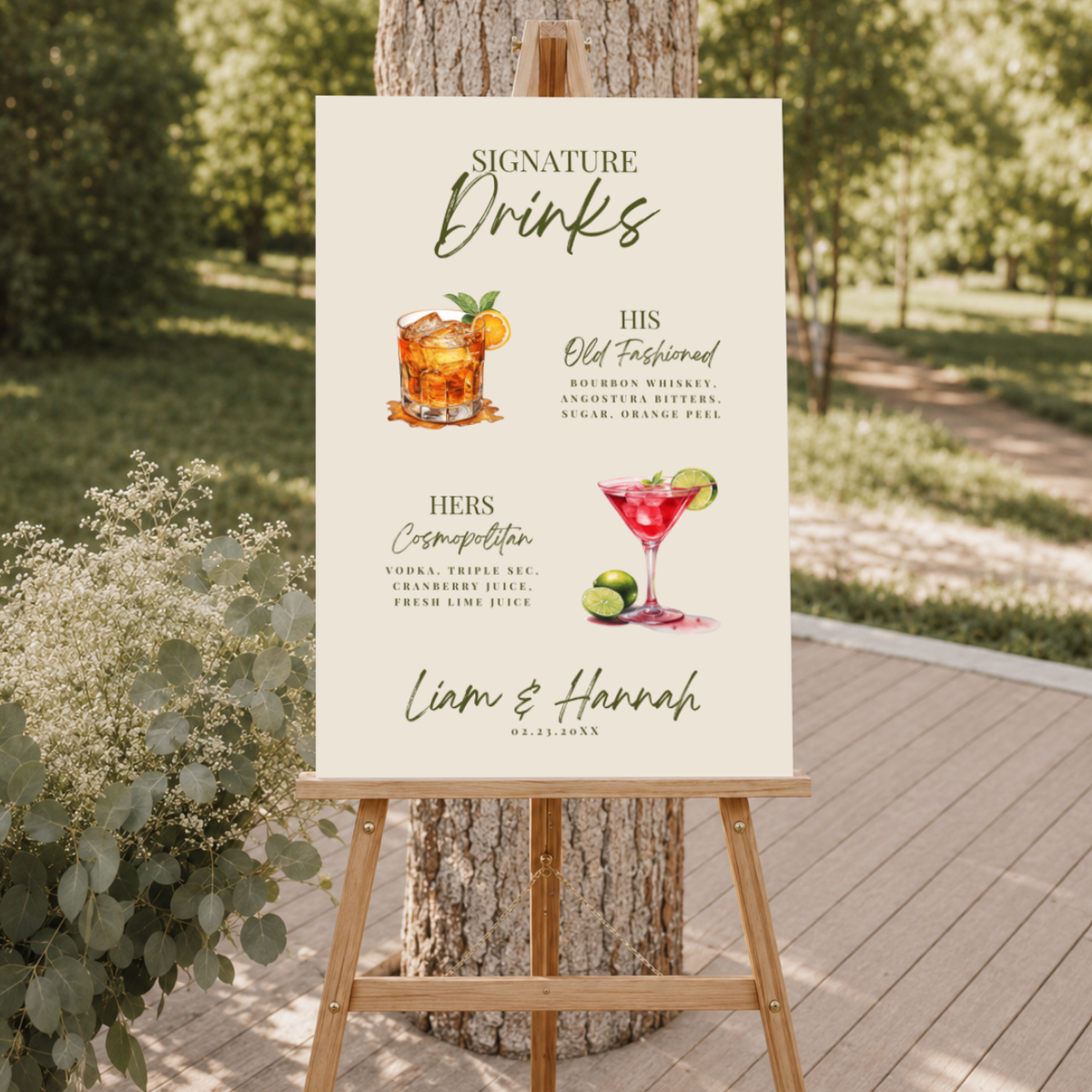 Custom Cream Watercolor signature drink bar sign on paper or foam board, with names and wedding date