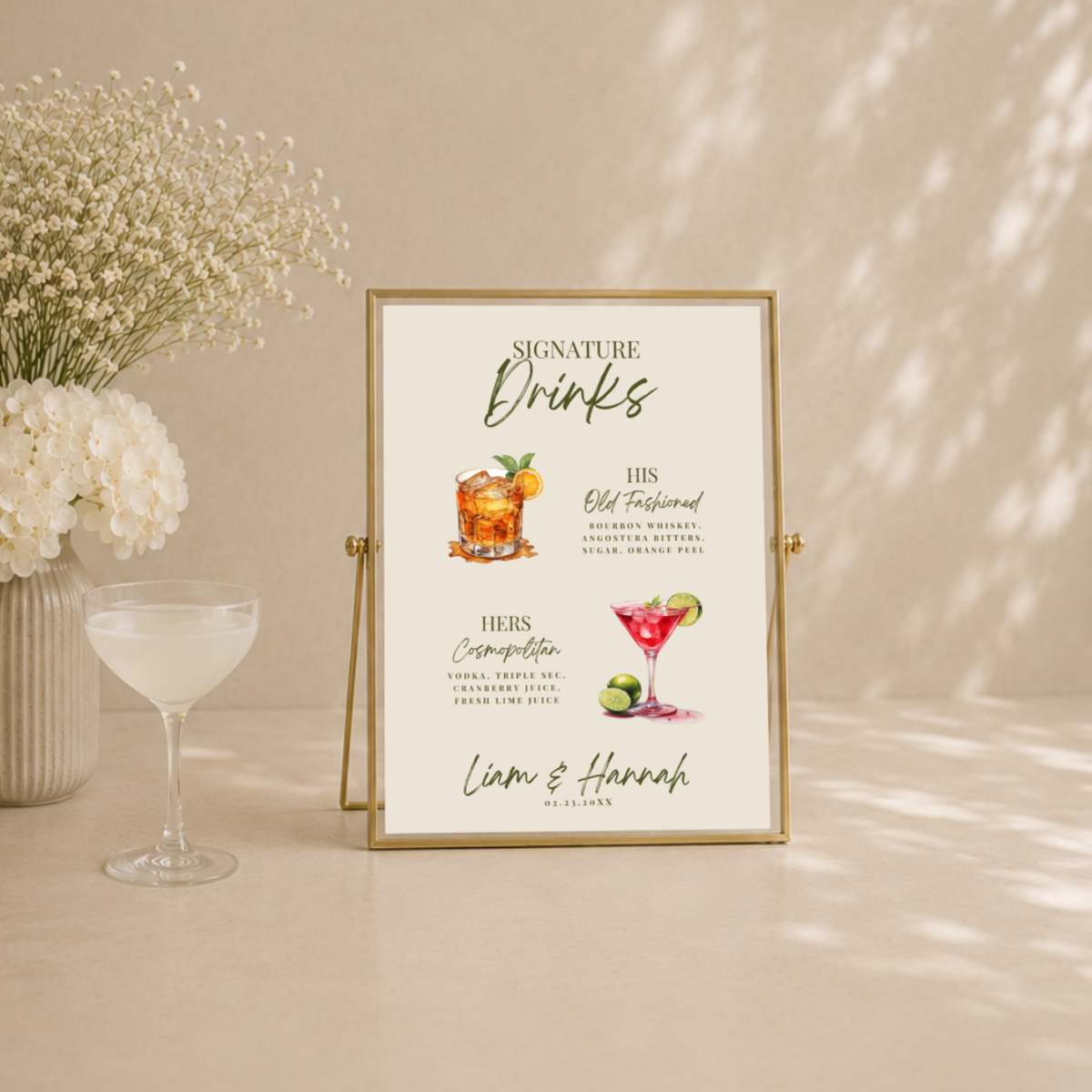 Cream Watercolor wedding bar menu sign on paper or foam board, his and hers cocktails