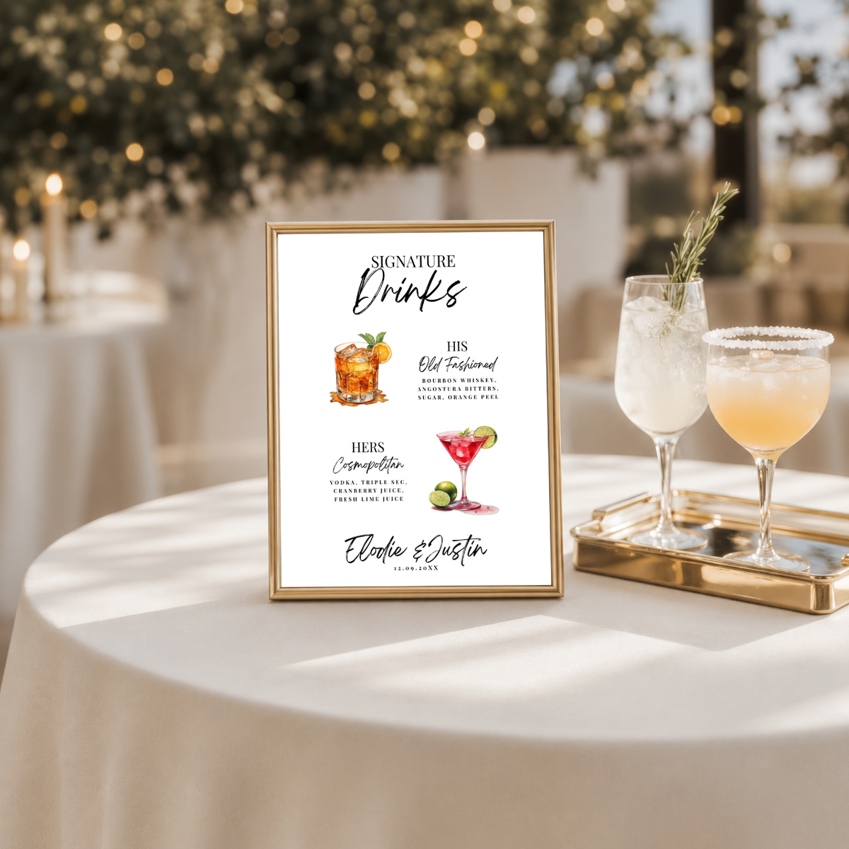 Cream Watercolor his and hers wedding bar sign on paper or foam board, styled at a reception bar