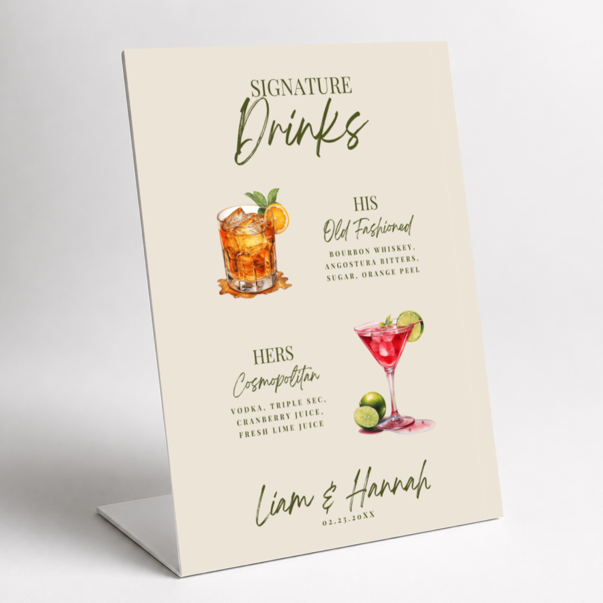 Cream his and hers signature drinks wedding bar sign with watercolor cocktails and ingredients, as a pedestal sign