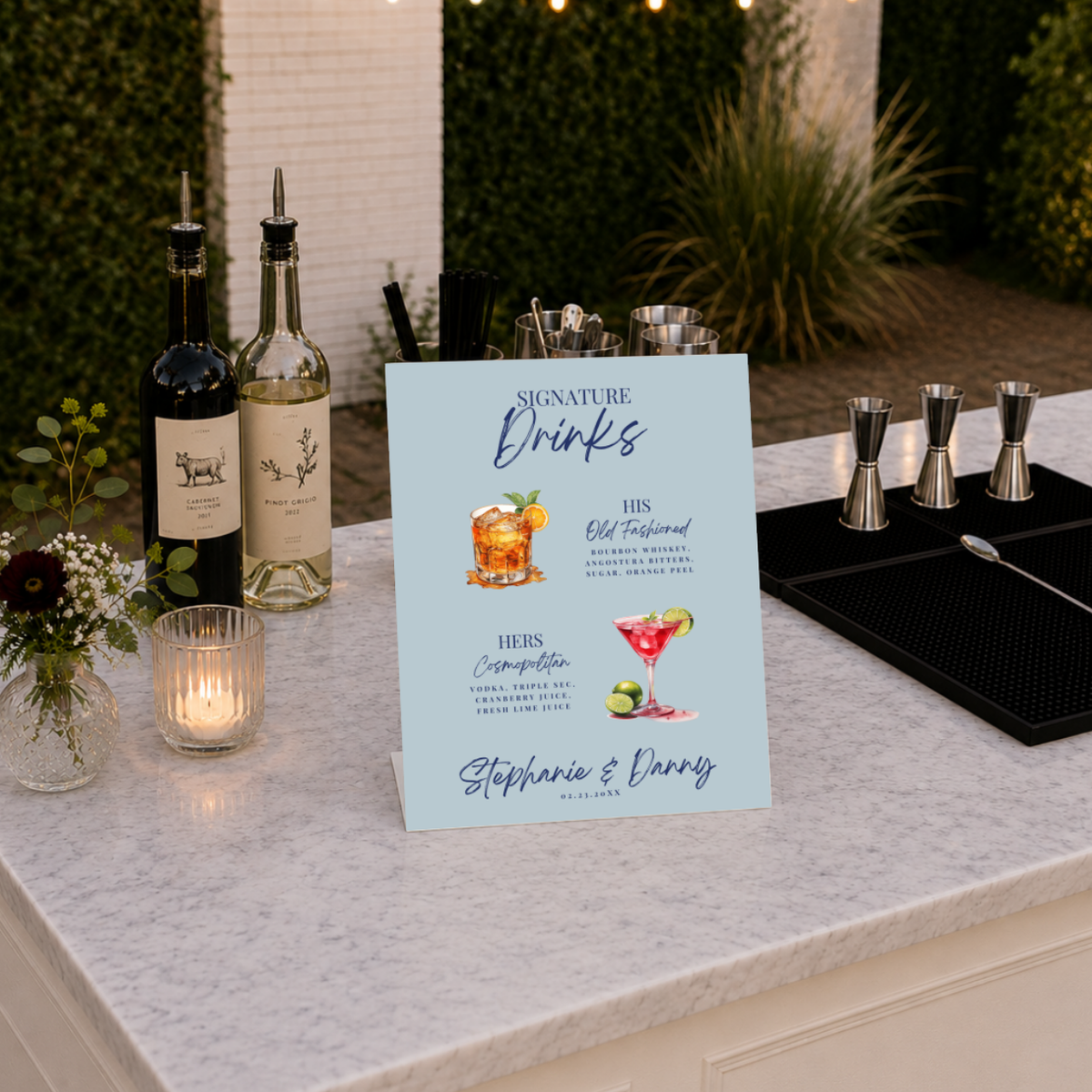 Personalized Cream Watercolor wedding bar sign on a pedestal stand with his and hers signature drinks