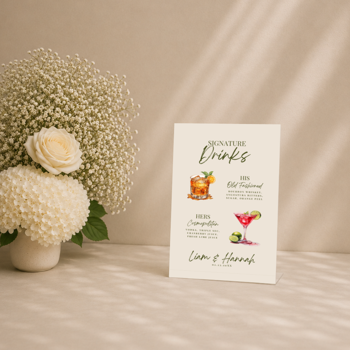 Custom Cream Watercolor signature drink bar sign on a pedestal, with names and wedding date