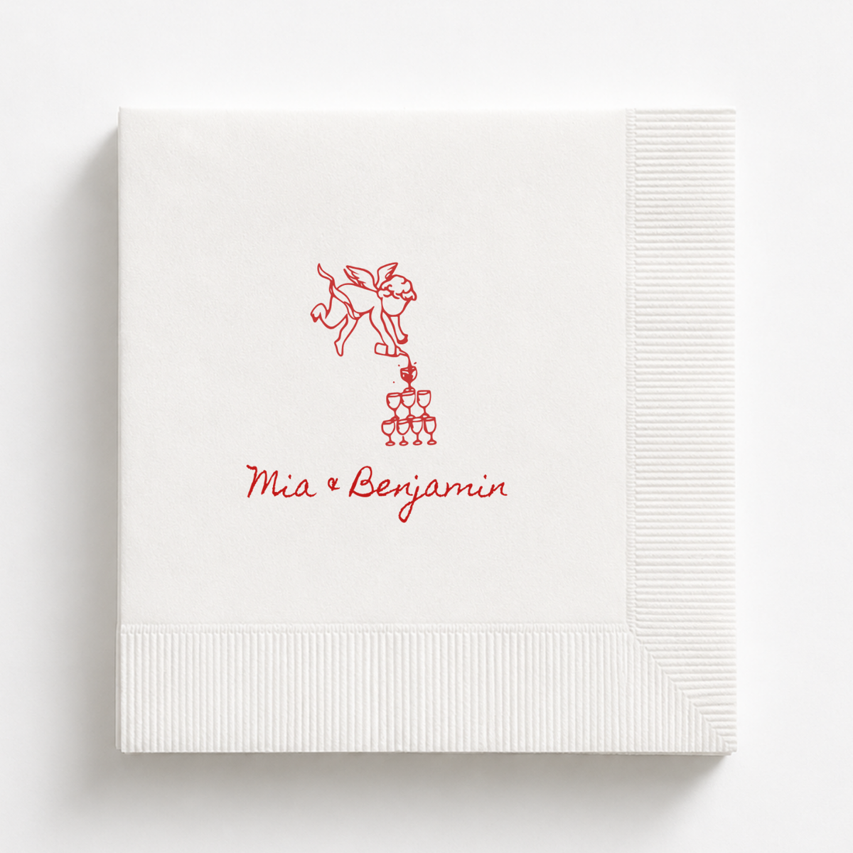 Cupid & Champagne Tower wedding napkin with the couple's names