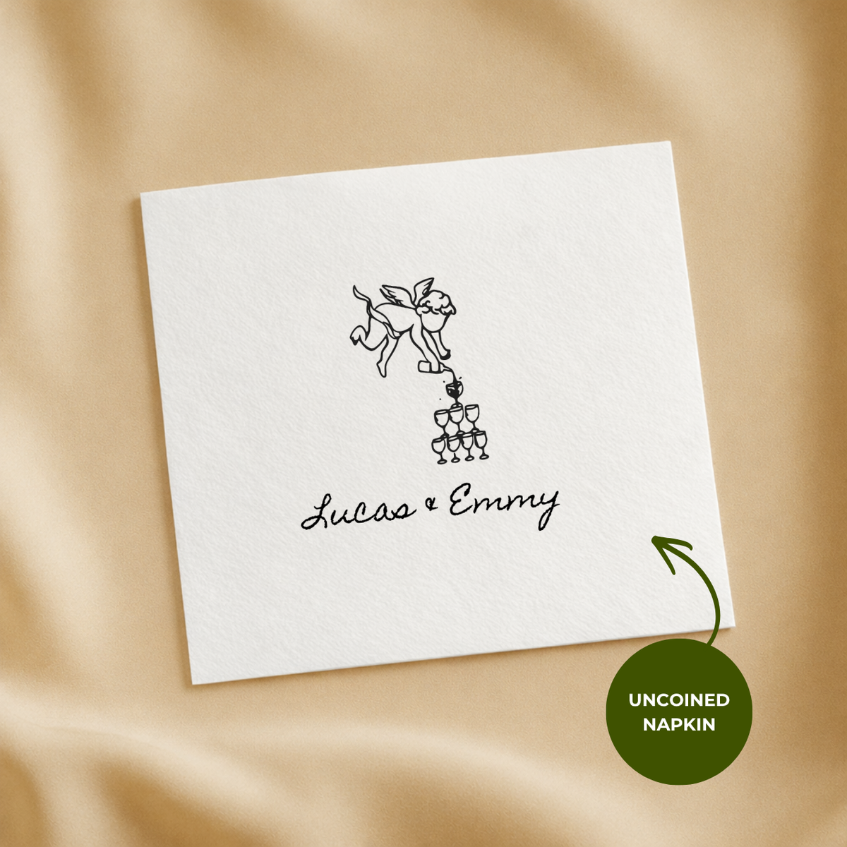 Cupid & Champagne Tower napkin design for a wedding bar