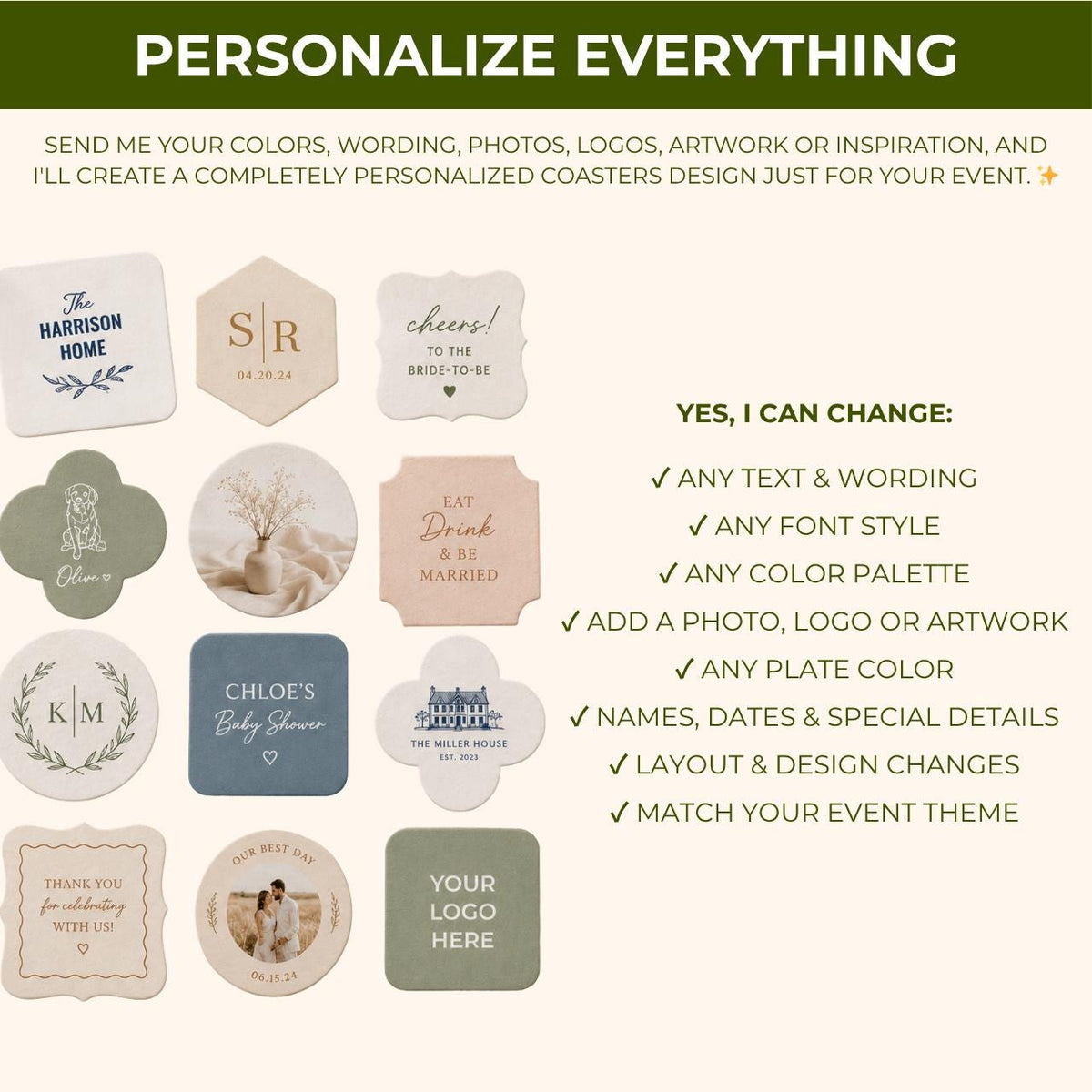 Custom printed coasters for weddings, parties and events