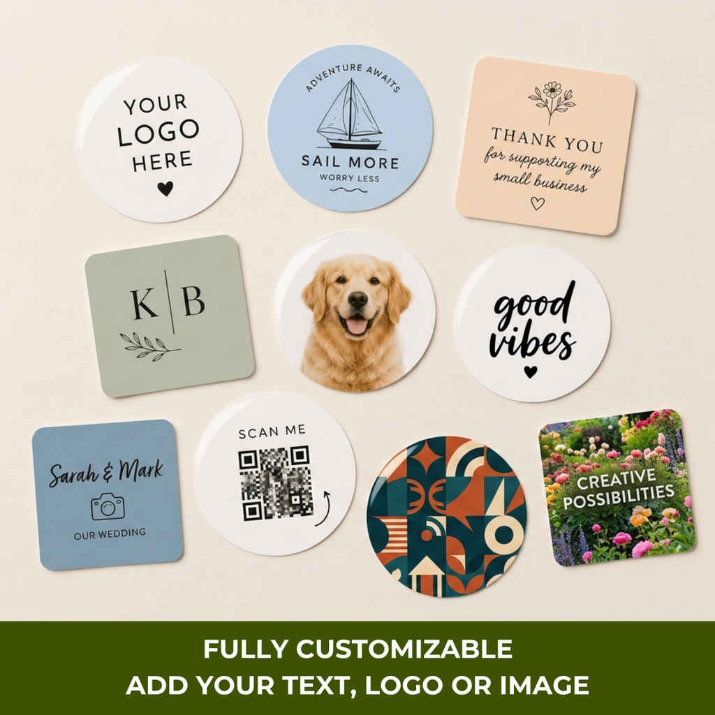 Personalized sticker labels in round and square shapes