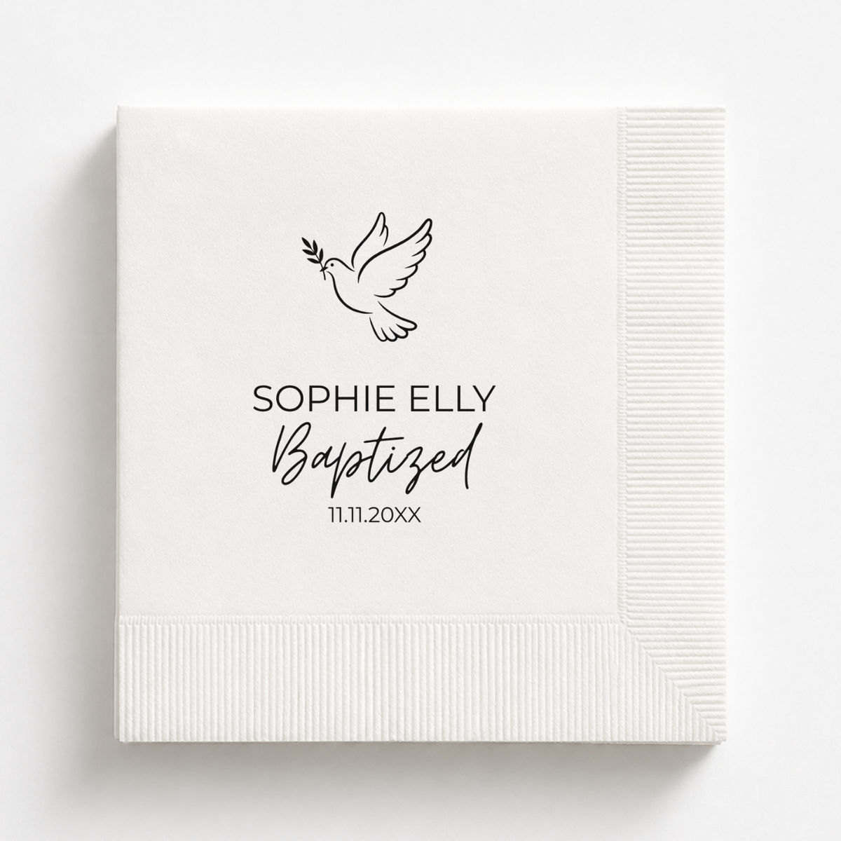 Dove baptism napkin personalized with a name and date