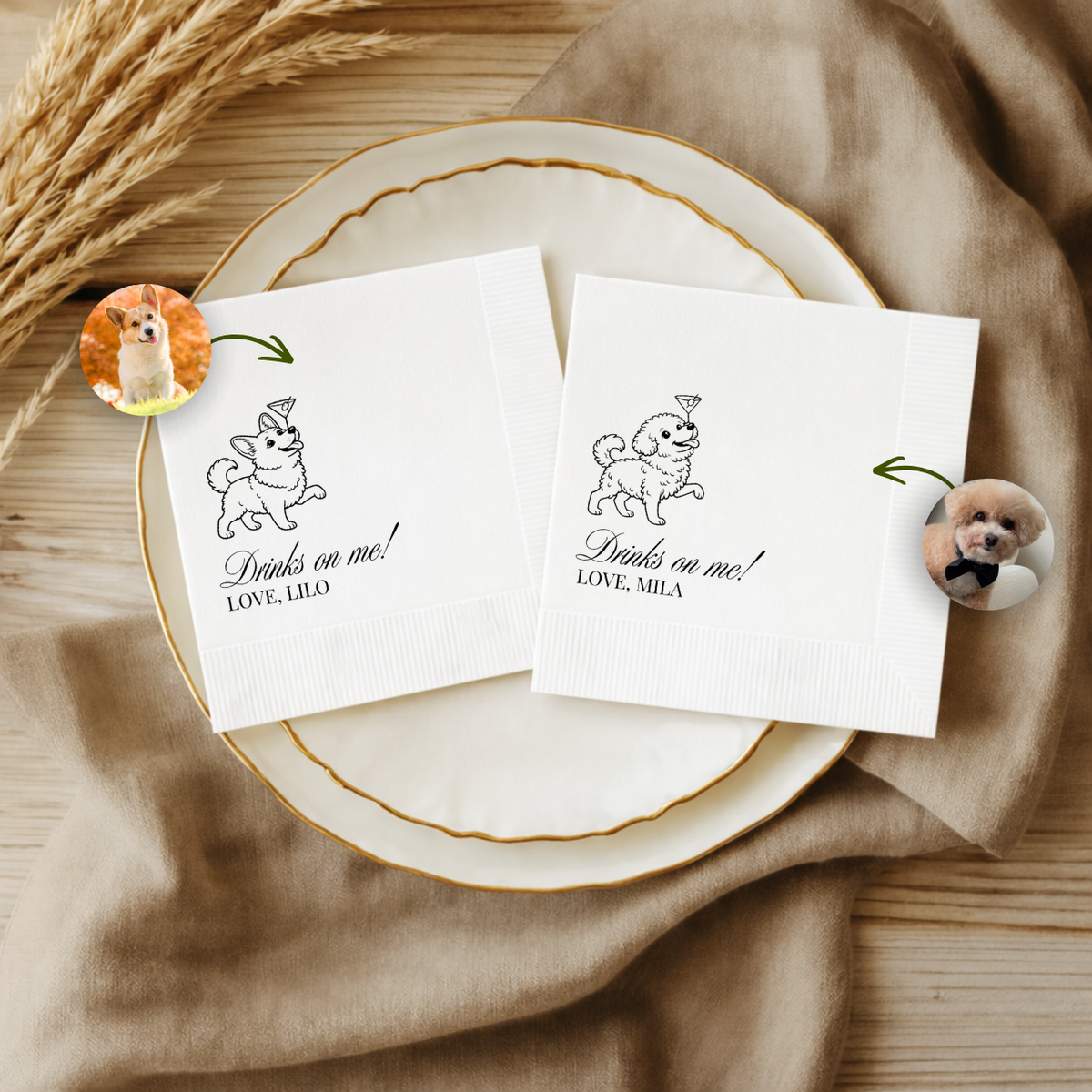 Drinks On Me pet portrait dog napkins for a wedding cocktail hour