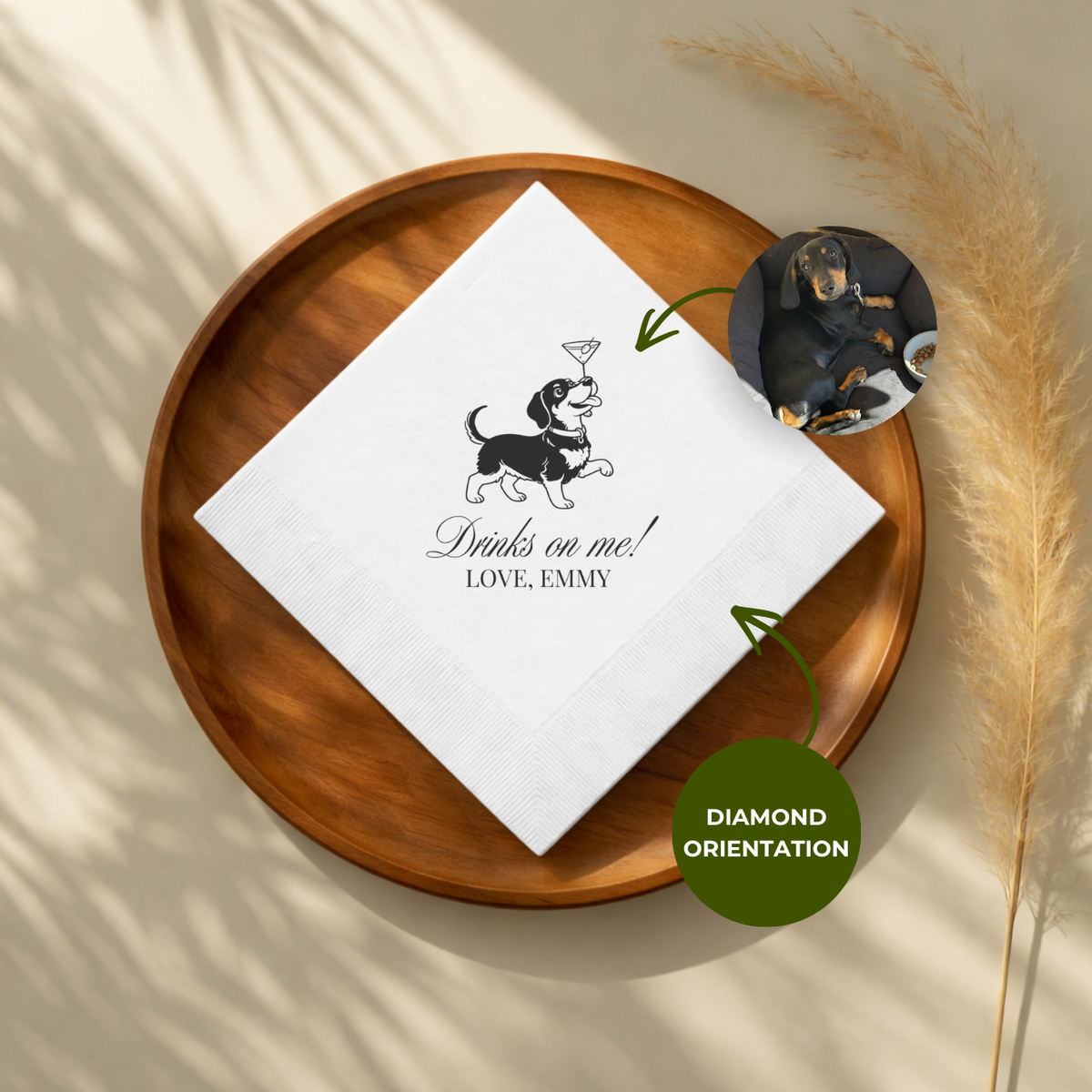 Drinks On Me pet portrait napkin design for a wedding