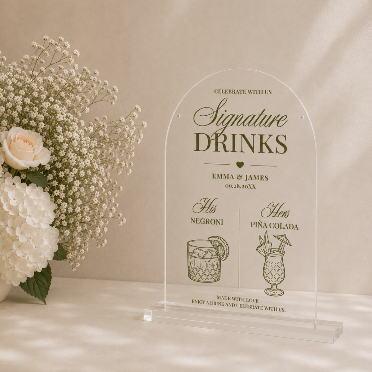 Clear acrylic wedding bar sign with the Elegant Script his and hers signature drinks design