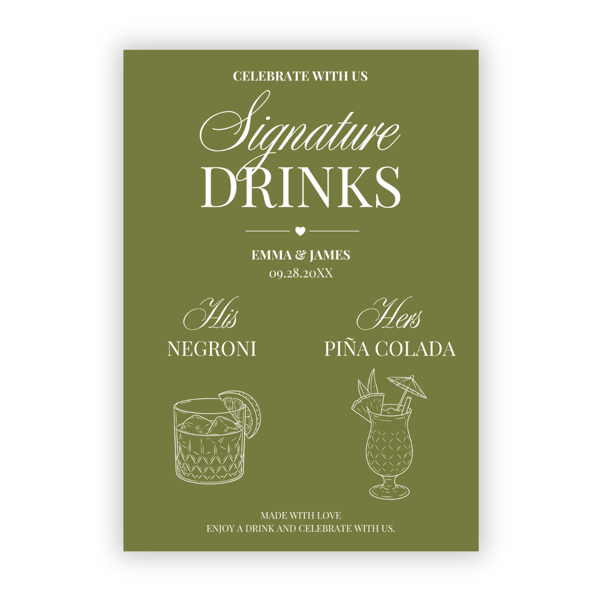 Elegant script signature drinks wedding bar sign, his and hers cocktails in line art with names and date, on paper or foam board