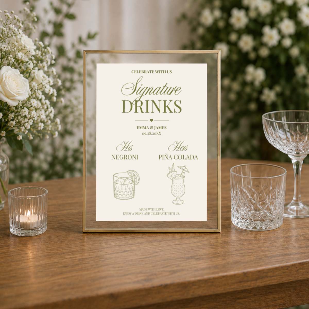 Personalized Elegant Script wedding bar sign on paper or foam board with his and hers signature drinks