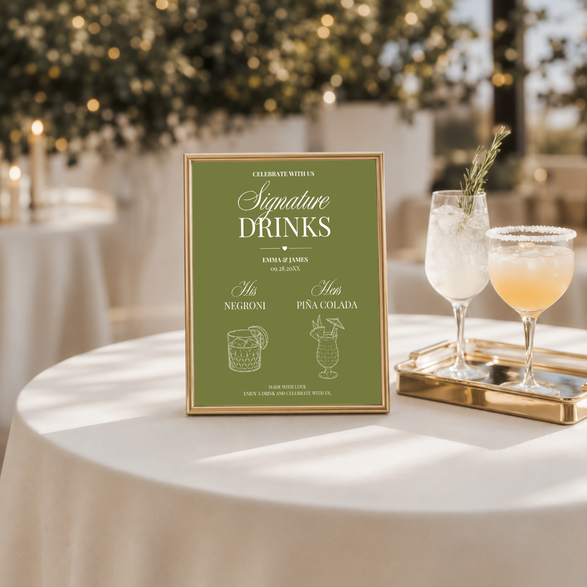 Custom Elegant Script signature drink bar sign on paper or foam board, with names and wedding date