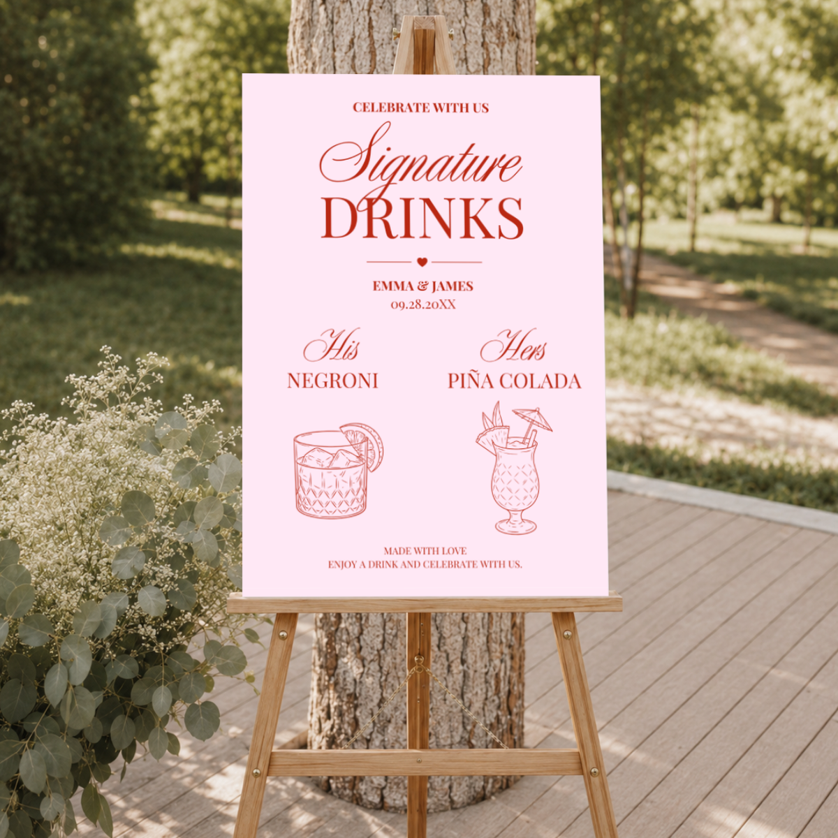 Elegant Script his and hers wedding bar sign on paper or foam board, styled at a reception bar