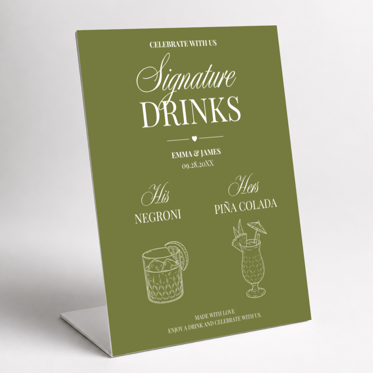 Elegant script signature drinks wedding bar sign, his and hers cocktails in line art with names and date, as a pedestal sign