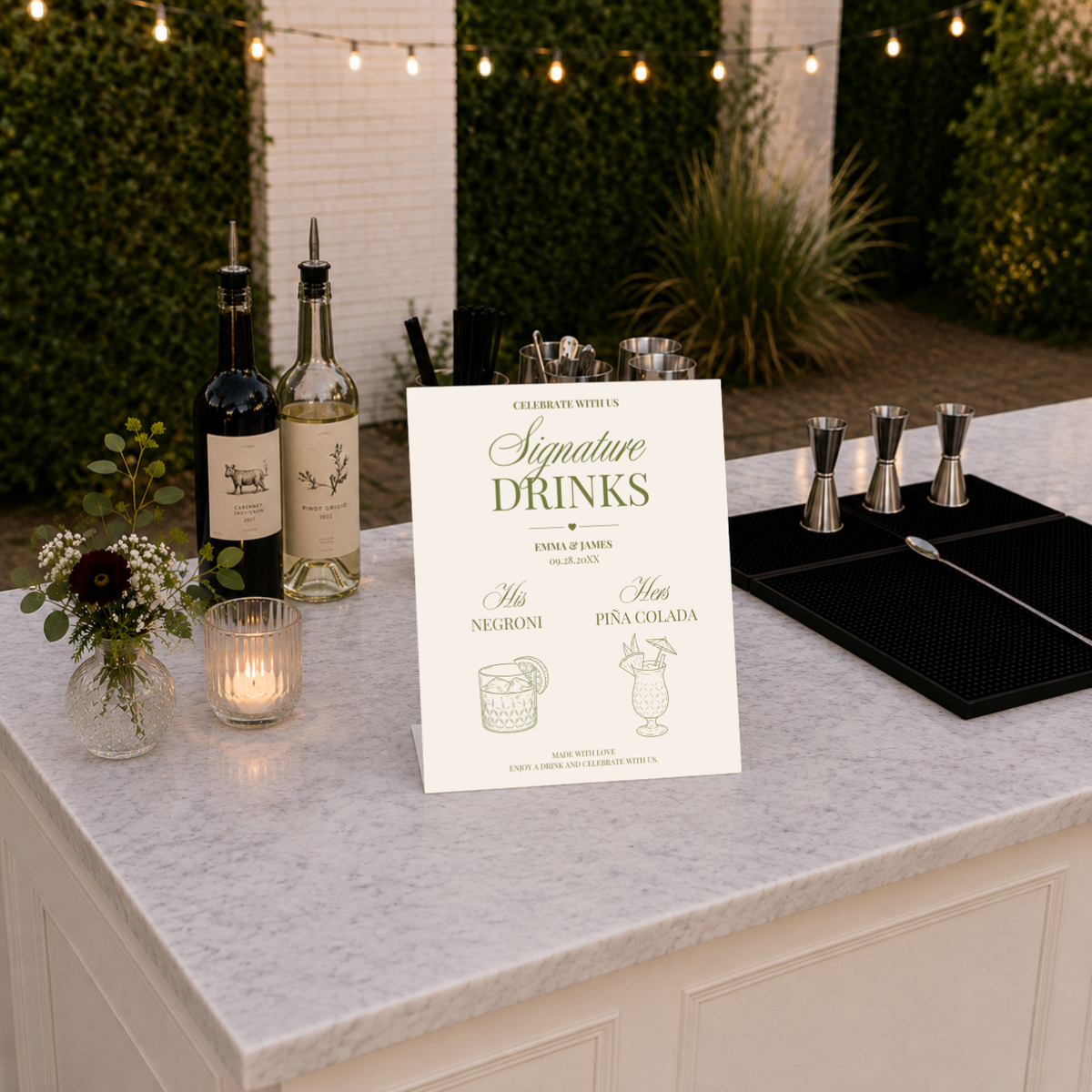 Personalized Elegant Script wedding bar sign on a pedestal stand with his and hers signature drinks