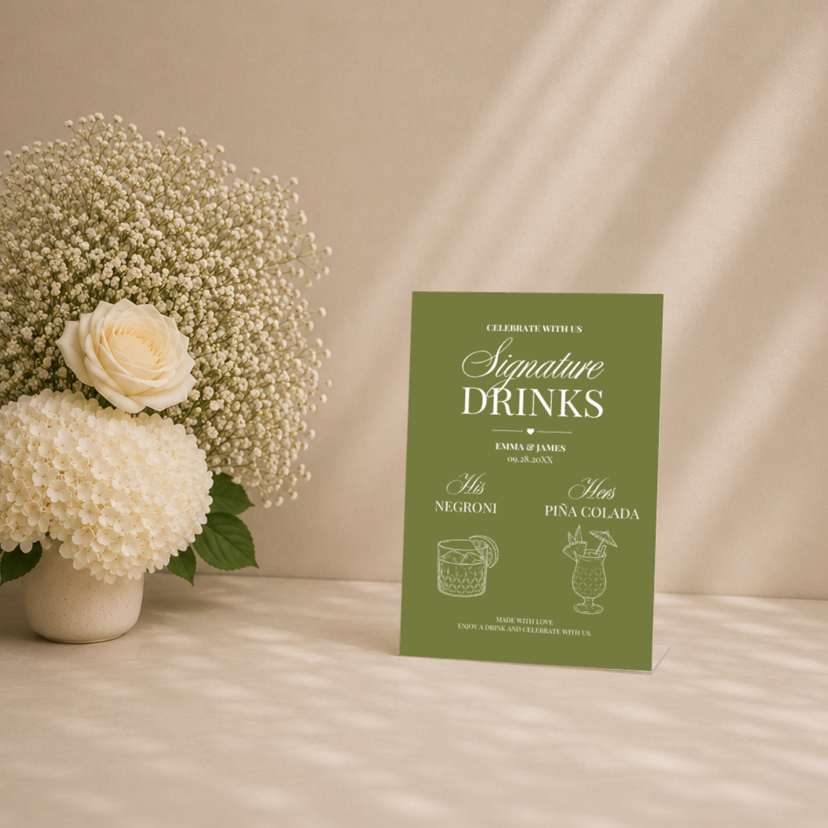Custom Elegant Script signature drink bar sign on a pedestal, with names and wedding date