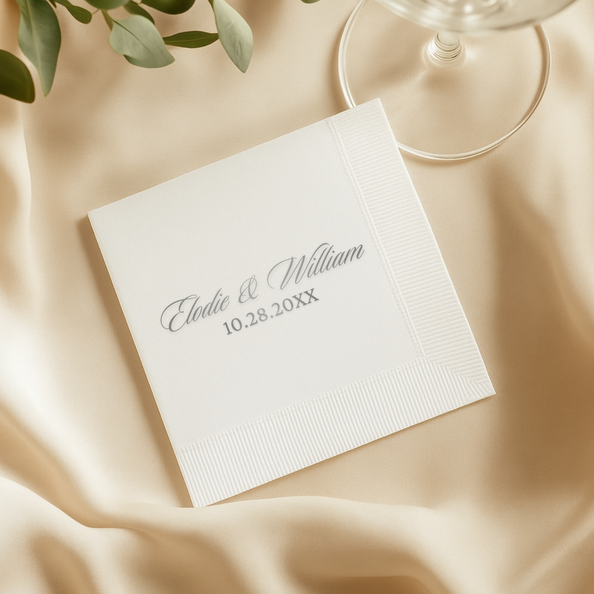 Wedding napkin with the couple's names in script on a single line