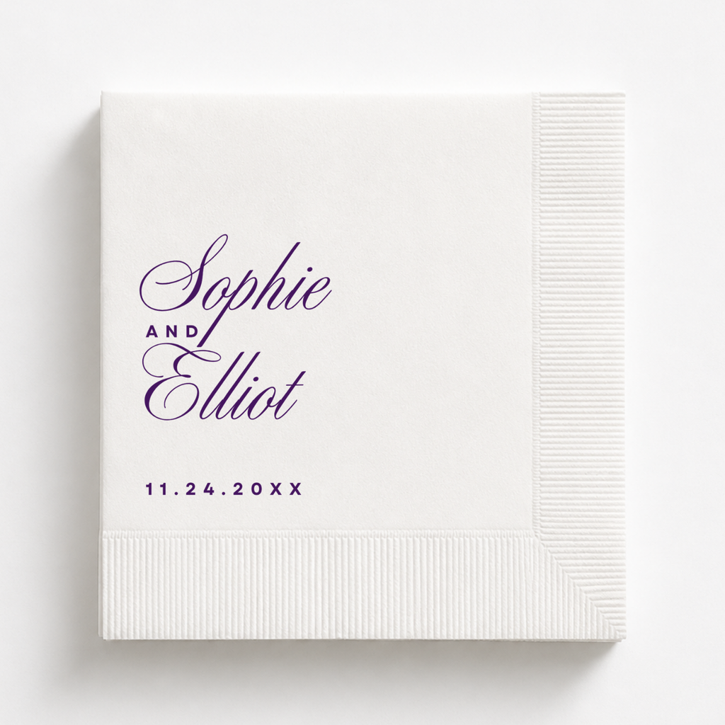 Elegant Script Names Stacked wedding napkin with names stacked over the date