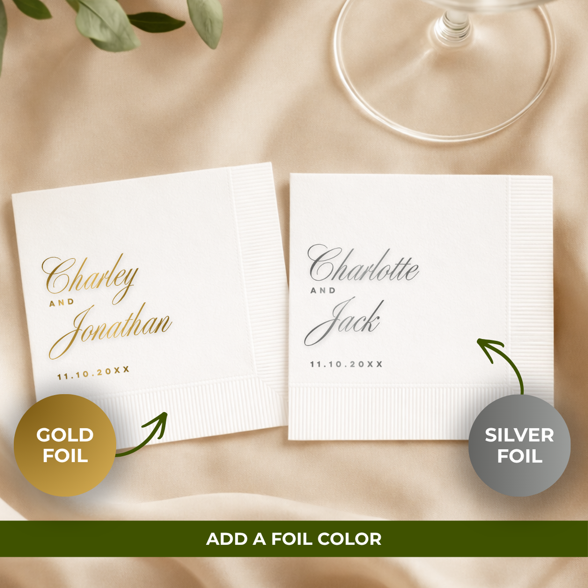 Elegant Script Names Stacked wedding cocktail napkins for the bar