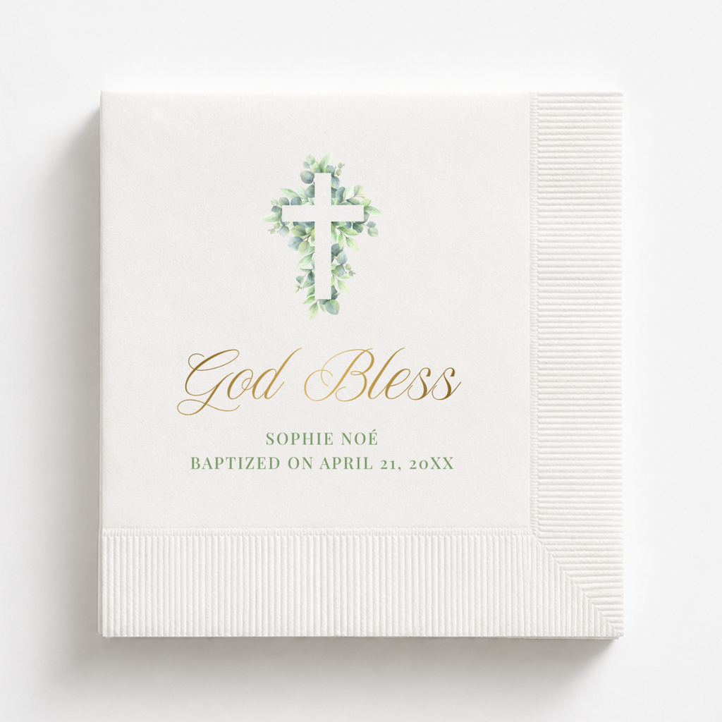 Eucalyptus Cross personalized baptism napkin with a greenery cross, name and date
