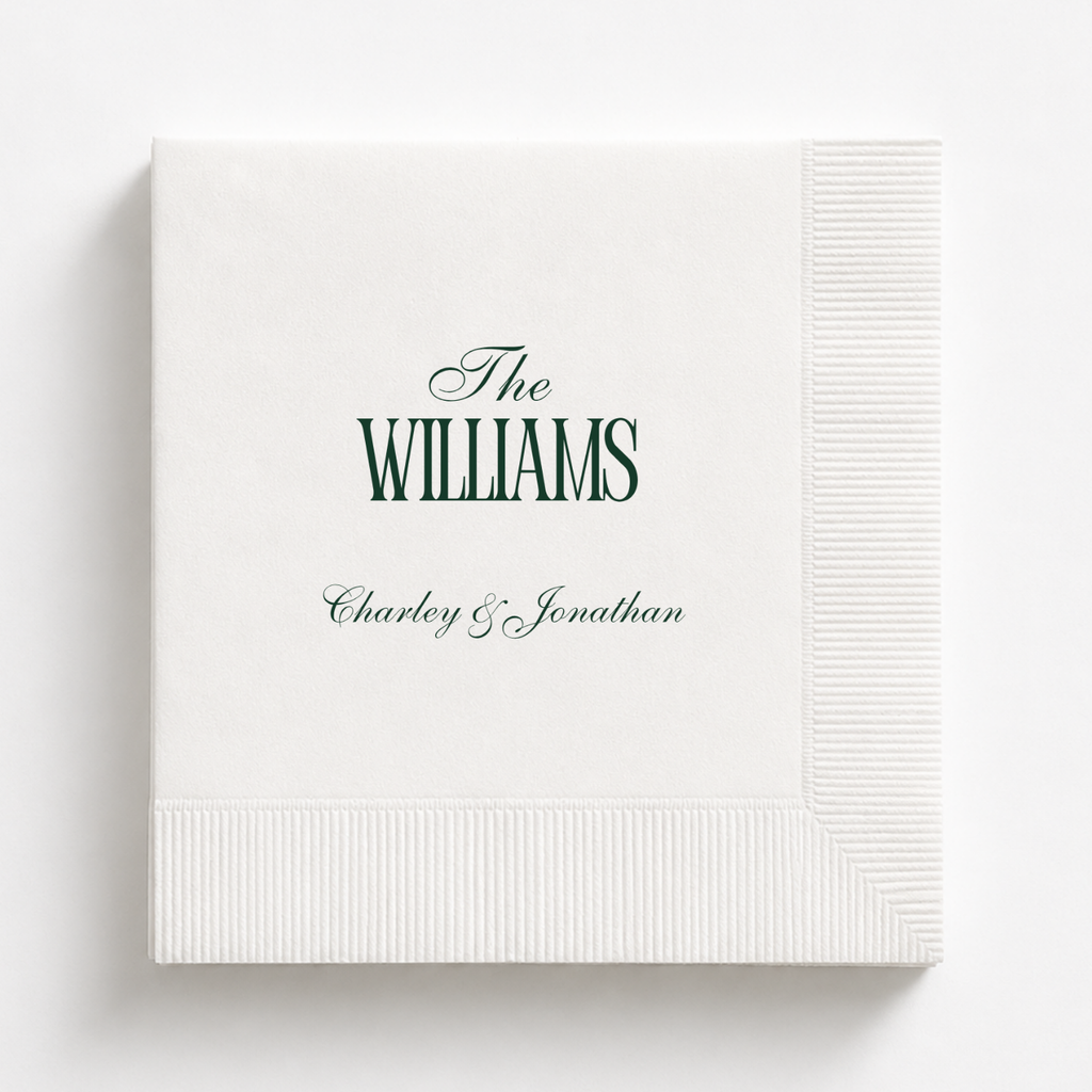 Family Name & First Names rehearsal dinner napkin with names and date
