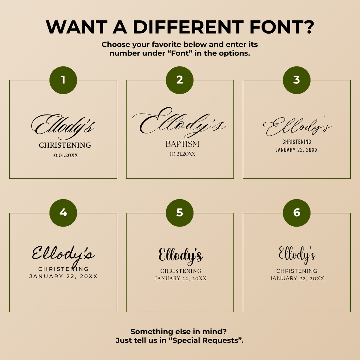 Font options for personalizing Floral Cross baptism paper plates