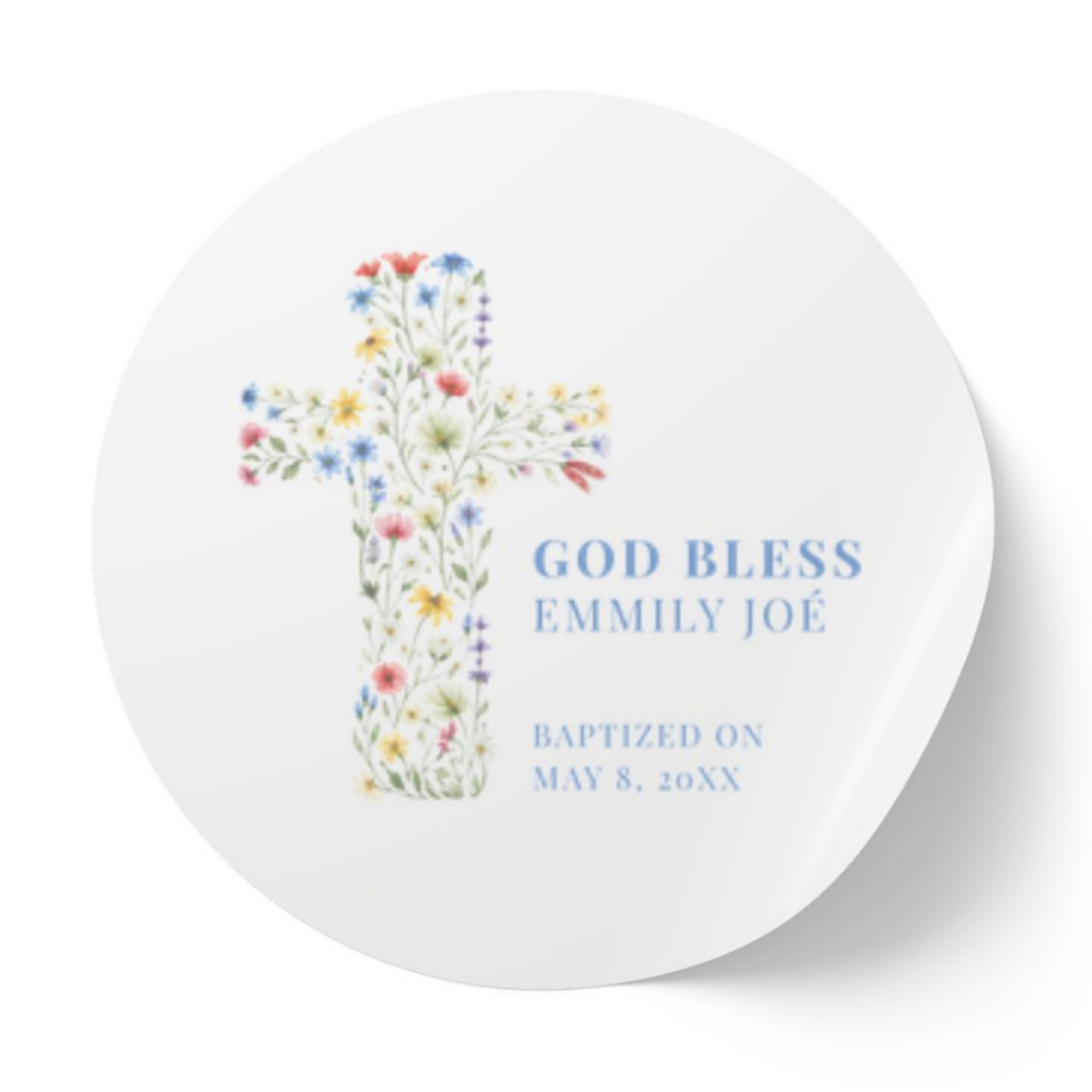 Floral Cross God Bless baptism favor label with a name and date