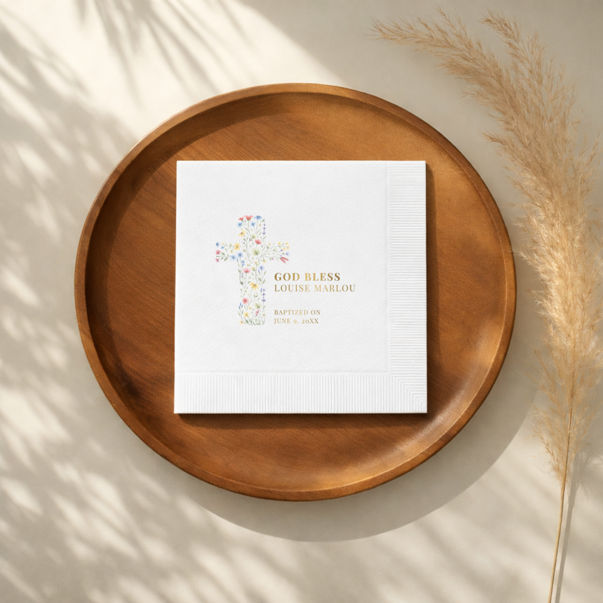 Baptism napkin with a wildflower cross and God Bless