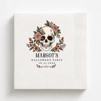 Floral skull Halloween napkins with roses around a skull and a name and date below