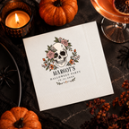 Halloween napkins personalized with your name and date, skull wreathed in roses and orange blooms