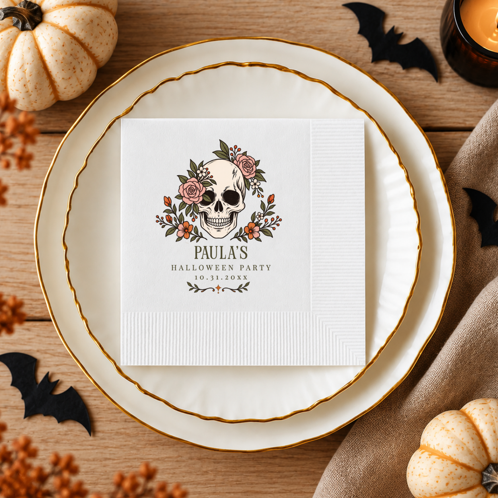 Custom Halloween napkins for a Halloween party, skull wreathed in roses and orange blooms